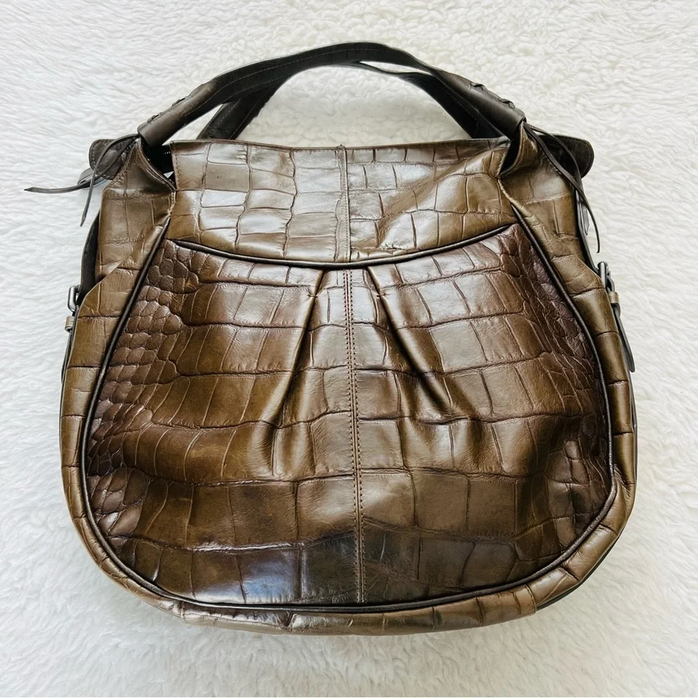 Francesco Biasia Italy Olive Crocodile Print Embossed Leather Large Bag